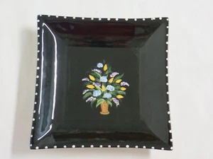  Schwarz Handbemalt Quadratisch Floral Salat Dessert Teller Schmuck Schale - Bild 1 von 3