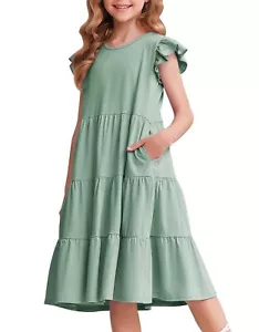 Little Girls Dress Summer Sleeveless Tiered Swing Pleated Midi Cotton Casual ... - Picture 1 of 6