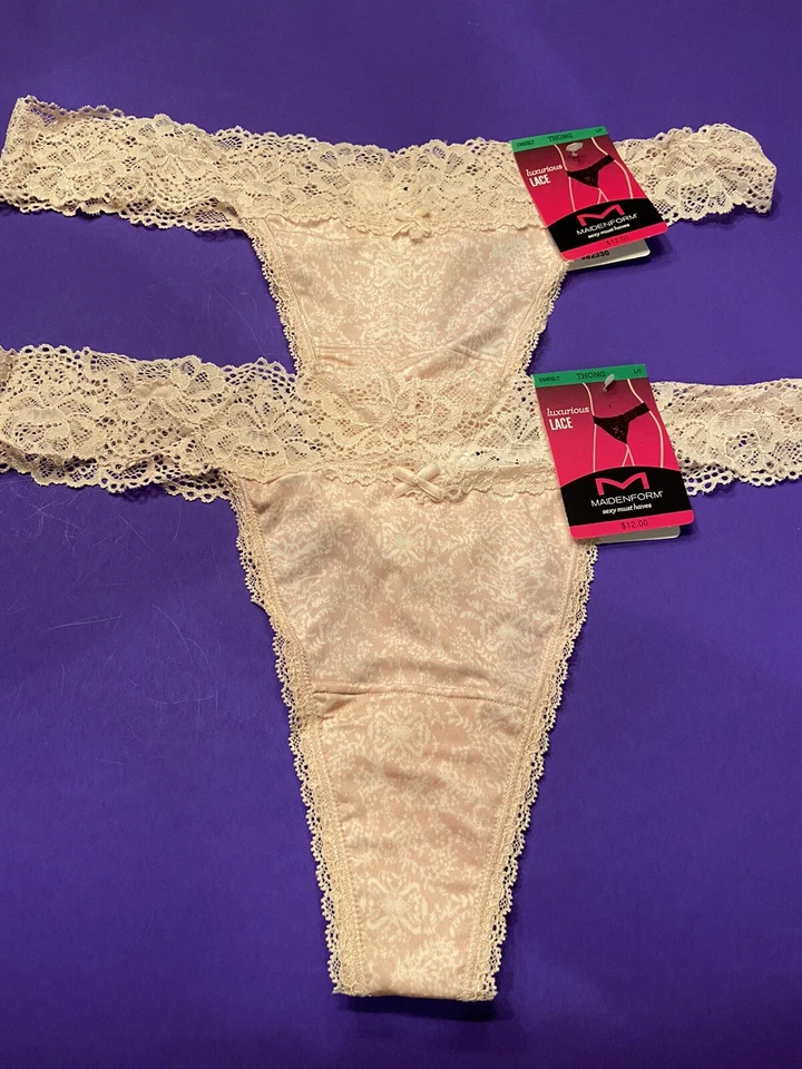 Maidenform Thong Panties Womens Large Pink Lace Gingham 2-Pair Luxurious DMESLT