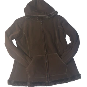Green Tea Dark Brown Faux Fur Lined Womens Winter Hooded Coat Size L #PB - Picture 1 of 11