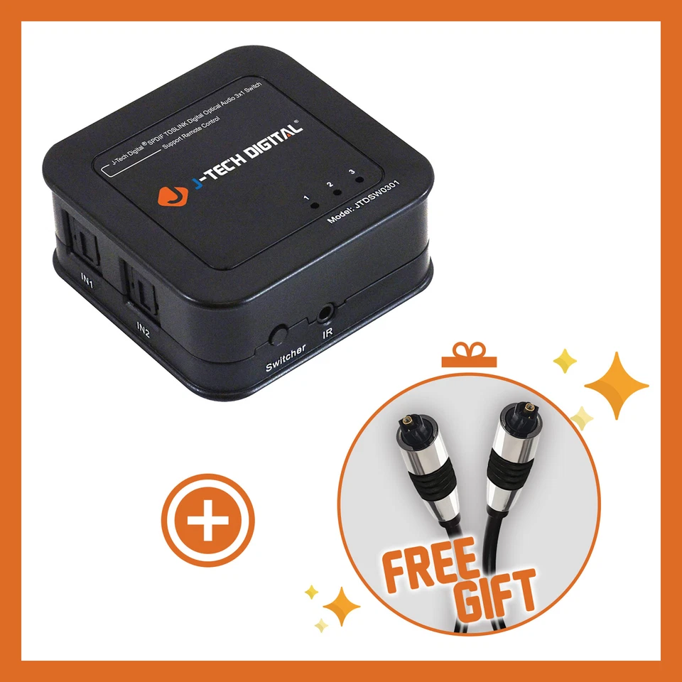 J-Tech Digital SPDIF TOSLINK Digital Optical Audio 3x1 Switch W/ Gift 3 ft Cable - Image 1 of 4