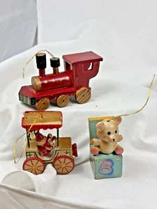 Ornaments  Christmas  Toy   Russ  Wood Train Santa Claus Teddy Bear 3 Vintage - Picture 1 of 4