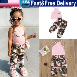 Kids Baby Toddler Girl's Sleeveless Letter Print Tops Pants Outfit Clothes Set - Picture 1 of 10