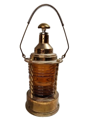 Vintage Brass Lantern Lamp Decanter Amber Glass Music Box Marine Ship Liquor - Image 1 of 4