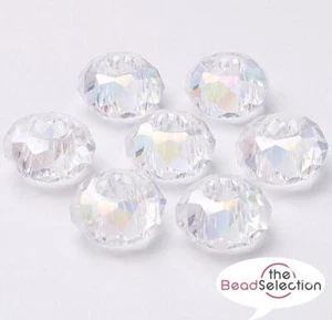 10 FACETED 14mm CLEAR AB LUSTRE RONDELLE GLASS BEADS LARGE HOLE 5mm GLS77 - Picture 1 of 3