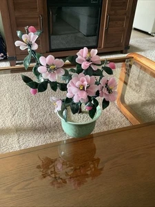 VTG Bonsai Tree Jade Stone Glass Pink Asian Cherry Blossom Celadon Pot Marked 9" - Picture 1 of 6