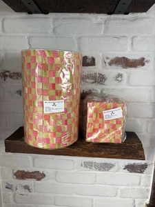 Mackenzie Childs Trash Bin 12” Green Toile /Pink Tulipa Tissue Box NWT-Retired - Picture 1 of 12