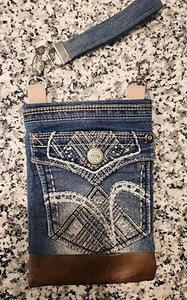 Selbstgemachte Cowboy Jeans Handtasche mit Schlüsselanhänger Strass & Leder 5 Taschen - Bild 1 von 7