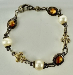 Brazalete de eslabones de cadena vintage de perlas y circonitas cúbicas de plata de ley 925 7,25 (RD5) - Imagen 1 de 20