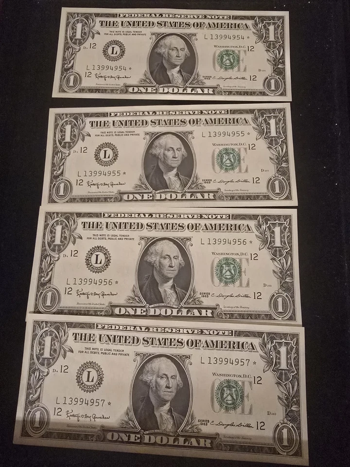 1963B StarNote $1 Dollar Bill San Francisco L, Uncirculated (4 Consecutive Notes - Image 1 of 1