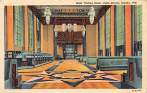 OMAHA NE INTERIOR UNION STATION WAITING ROOM 1937 LINEN POSTCARD 091224 T - Picture 1 of 2