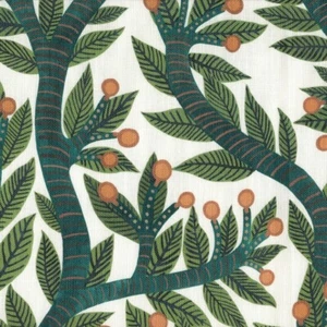 Seemakrish KENGARI Print Fabric Green Teal branches Pink Rust on Ivory 61"L - Picture 1 of 10