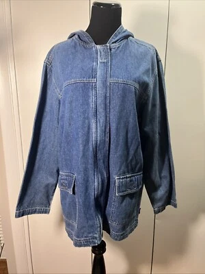 复古 Blassport 女式牛仔编舞夹克连帽 L 码口袋拉链 — 第 1/4 张图片