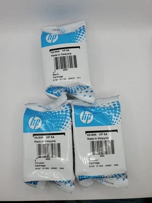Juego de 3 piezas - Genuino HP 64 2 Negro y 1 Tinta Tricolr N9J90AN 3YP22AN OEM Bolsas Selladas Foto 1 de 2