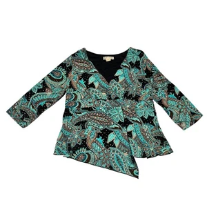 Vtg Y2K Dressbarn Faux Wrap Blouse Womens Sz XL Green Sparkle Paisley 3/4 Sleeve - Picture 1 of 6