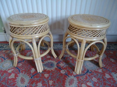 Vintage Pair Bamboo Rattan Wicker Round Stools or Plant Stands 18.5" H x 14" dia - Image 1 of 4