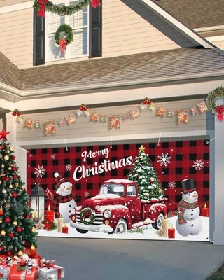 Christmas Tree Truck Garage Door Banner Cover 7 x 8 ft, Winter Candle Snowfla... - Image 1 of 4