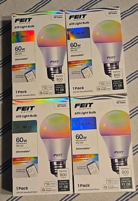 4 Pack Feit Electric 60W Color Changing A19 WiFi Smart LED Light Bulb Dimmable  - Image 1 of 4
