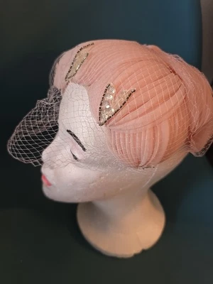 Vintage Sequin & Pink Chiffon Half Hat & Veil Retro  - Image 1 of 4