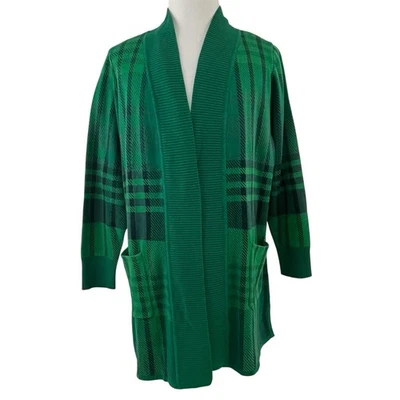 Isaac Mizrahi Green Plaid Jacquard Cozy Cardigan Sweater Size 1X 9674 - Image 1 of 4
