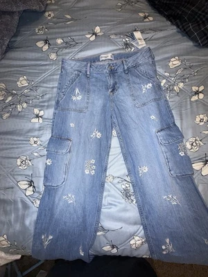 Abercrombie Kids￼Denim Cargo Pants with Floral Embroidery - Image 1 of 4