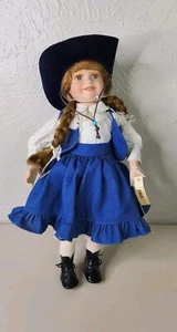 Dynasty Doll Collection Porcelain Cowgirl Doll Blue Dress Braids Hat Approx 17"  - Picture 1 of 18
