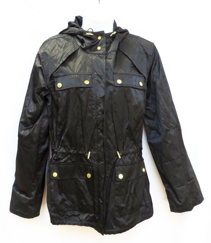 MICHAEL KORS Cappotto giacca antipioggia donna nero oro a scatto con cappuccio XS