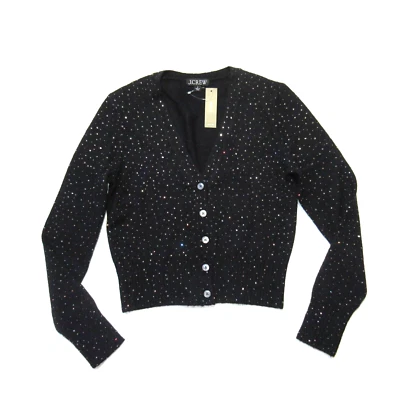 NUEVO CON ETIQUETAS J.Crew Cárdigan Cuello en V en Negro Cristales Brillantes Hilo Supersuave Suéter M Foto 1 de 4