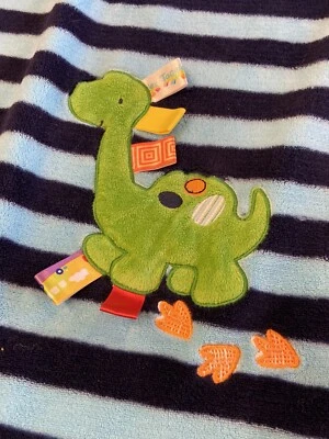 Taggies Blue Aqua Dinosaur Tracks Striped Baby Blanket Security Lovey 30" x 40" - Image 1 of 4