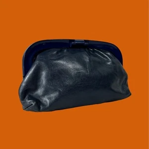 Vintage 60s Mod Dark Navy Leather Acrylic Plastic Latch Closure Clutch Purse - Picture 1 of 15