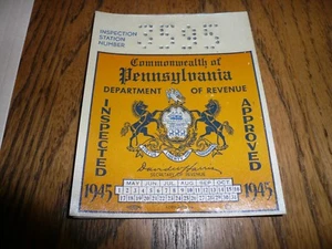 1945 Pennsylvania Inspektionsaufkleber Pa Penna - Antik Original - Bild 1 von 1