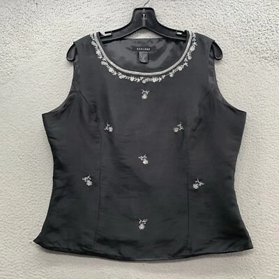 Blusa Top Silkland 100% Seda Negra Floral Bordada Sin Mangas Forrada Talla 12 Foto 1 de 4