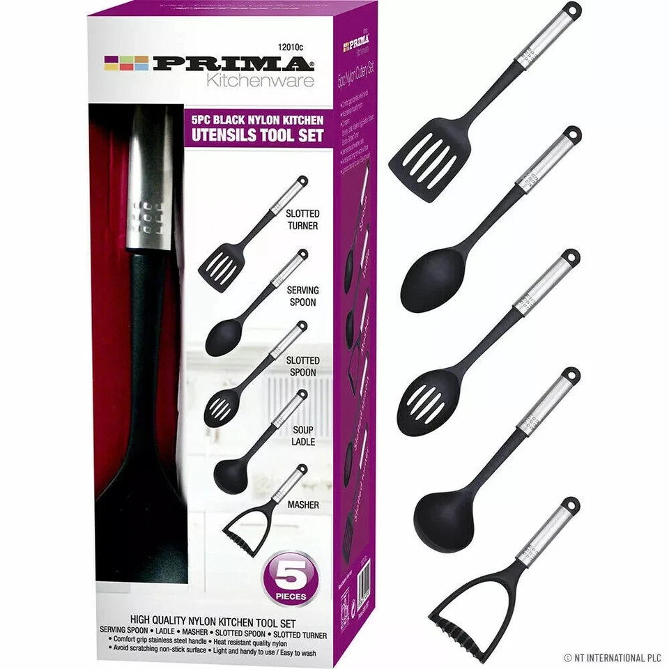 5PC NYLON KITCHEN TOOL UTENSILS CUTLERY SET KITCHEN WITH CHROME HANDLES - Image 1 of 1