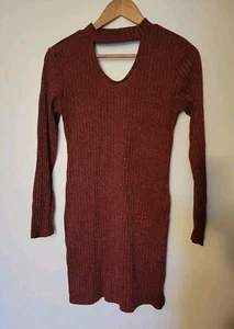 Derek Heart Maroon Midi Stretchy Collared V Neck Sweater Dress, Size Large - C - Picture 1 of 14