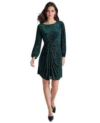 $134 DKNY Women's Boat-Neck Twist-Front Long-Sleeve Dress, PINE, Size-8 - Image 1 of 4