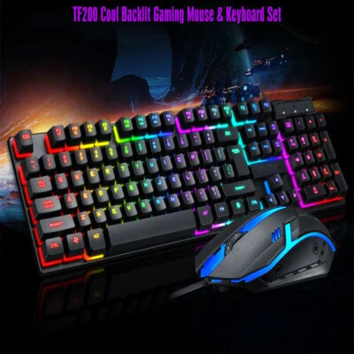Rainbow LED Gaming Keyboard and Mouse Set Mechanical Feel LED Light Backlit USA - Image 1 of 4