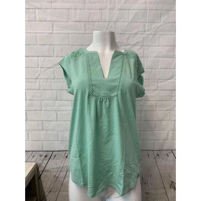 Orvis Women's Anna V-neck Top With Crochet Lace Insets Menthol Size S