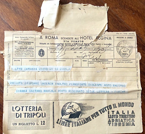 Telegramma 1938  PUBBLICITA' : HOTEL REGINA Roma, FIAH , LOTTERIA TRIPOLI , …