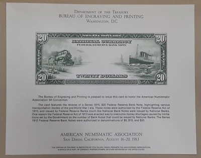 BEP Souvenir Card ANA 1983 Back 1915 $20 FRBN Plain Card/No Cancels Etc   B-61 - Image 1 of 2