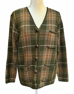VTG Andrea Jovine Cardigan Sweater Plaid 100% Wool Pockets Womens Size P Large - Picture 1 of 8
