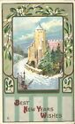 Best New Year Wishes Mistetoe around Castle Scene Embossed 1913 Postcard