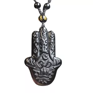 Kristall Natur Schwarz Obsidian Fatima Handkette Anhänger Perle mit Kette - Bild 1 von 7
