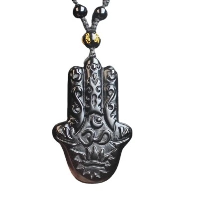 Crystal natural black obsidian Fatima  Hand necklace pendant bead with chain - Image 1 of 4