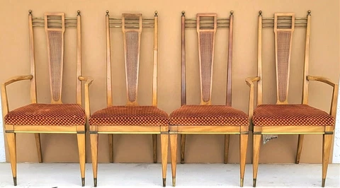 Set of 4 1950's MCM J L METZ Brass Solid Wood & Cane Dining Chairs Cover