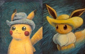 Arte da parete su tela Van Gogh Giclée, Pikachu™ ed Eevee™ dimensioni medie 50 x 65 cm - Foto 1 di 5