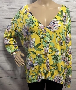 Signature Collection Cardigan Sweater XL Yellow Pink Green Floral Thin Knit Cute - Picture 1 of 13