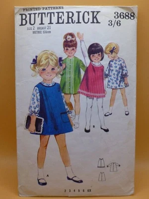 VTG 60s BUTTERICK 3688 TODDLER GIRL 21" 2YR A-LINE PINAFORE+DRESS SEWING PATTERN - Image 1 of 2
