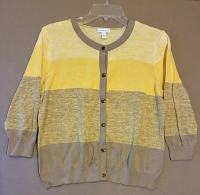 Cárdigan ligero Charter Club manga 3/4 tostado amarillo dorado a rayas talla L/XL Foto 1 de 4