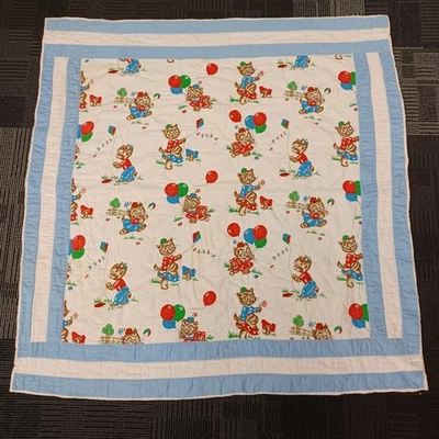 Vintage Handmade Cat And Clown Baby Blanket Quilt Juggling 42"x44" Reversible  - Image 1 of 4