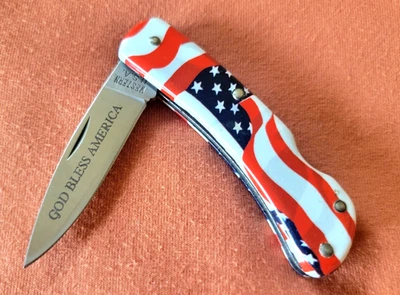 Cuchillo Plegable Western USA "God Bless America" Mango Bandera Bloqueo Trasero Como Nuevo Foto 1 de 4